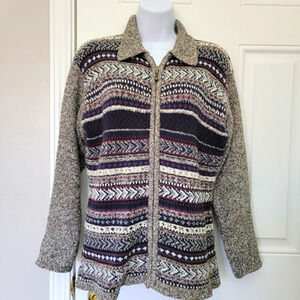 Le Moda Vintage Full Zip Collared Faire Isle Nordic Marled Wool Blend Sweater M